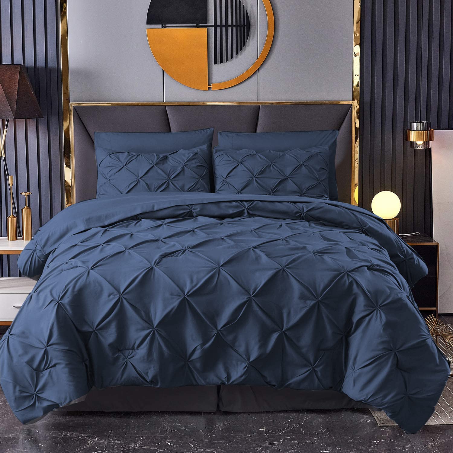 MK Home Textile Pintuck Duvet Cover 3 Piece Pinch Pleat Bedding Sets – 100% Cotton Percale 200 Thread Count Quilt Covers – White/Silver Grey/Charcoal/Pink/Navy Bed Set (Navy, King)