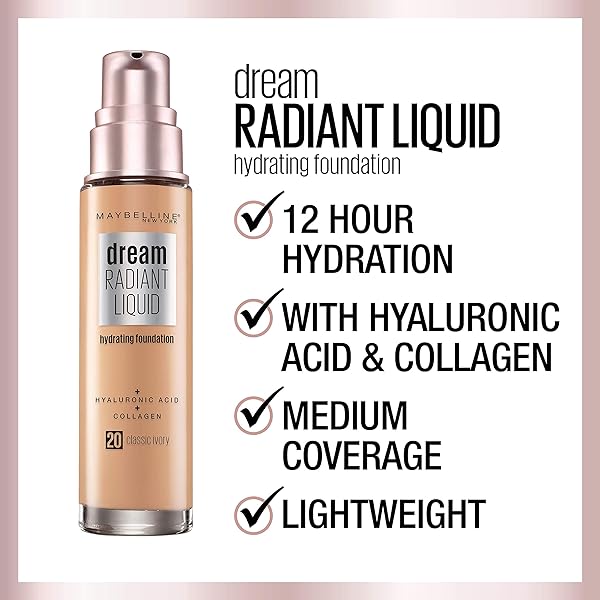 MAYBELLINE DREAM RADIANT LIQUID MEDIUM COVERAGE HYDRATING MAKEUP, LIGHTWEIGHT LIQUID FOUNDATION, CREAMY NATURAL, 1 COUNT
