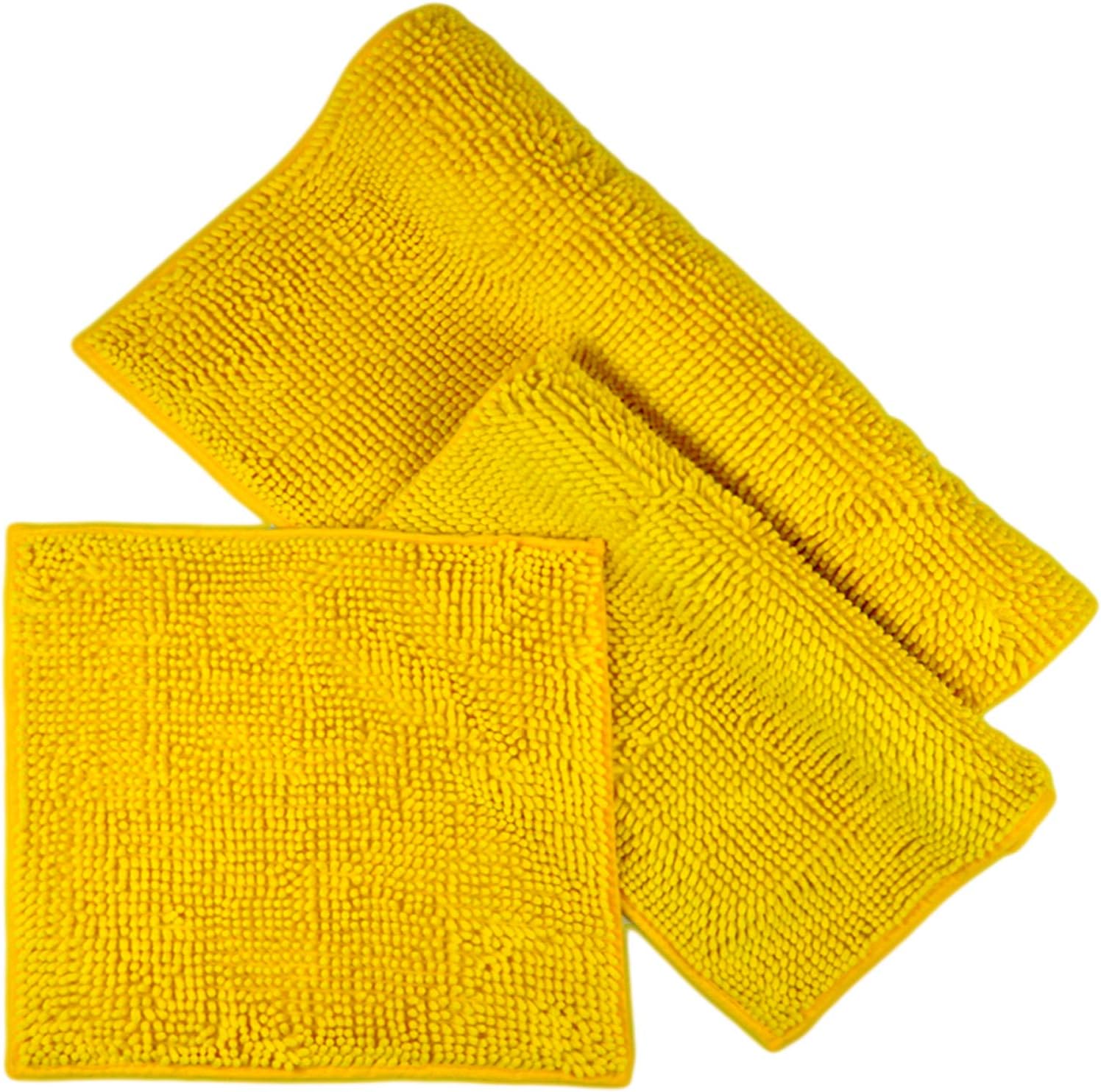 Designer Bath Mat Sets 3 Piece - Non-slip & Washable - Modern Shower Mat - Bath Mats - Durable Colour Retaining Soft Mat Sets - 45 x 45 cm + 50 x 80 cm + 70 x 120 cm - Yellow – WITHOUT WC CUT-OUT