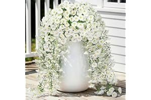 Lewondr Artificial Fake Hanging Flowers Plants for Outdoor Summer Decoration, 2 PCS Faux Silk White Morning Glories, 29.5'' U