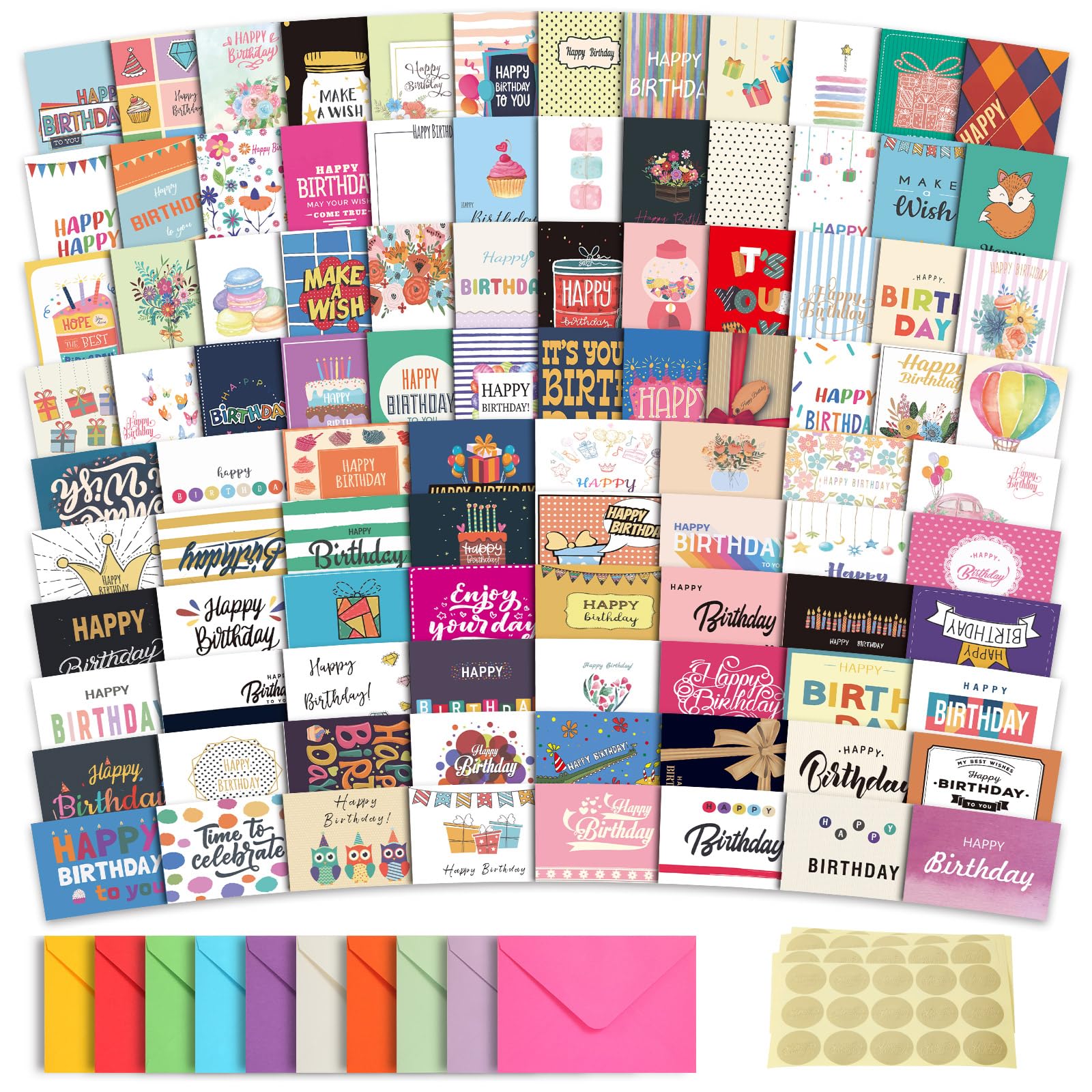 Photo 1 of 100 Unique Birthday Cards with Envelopes - Assorted Happy Birthday Cards, 4 x 6 inches, Envelopes & Stickers in Bulk Boxed Set