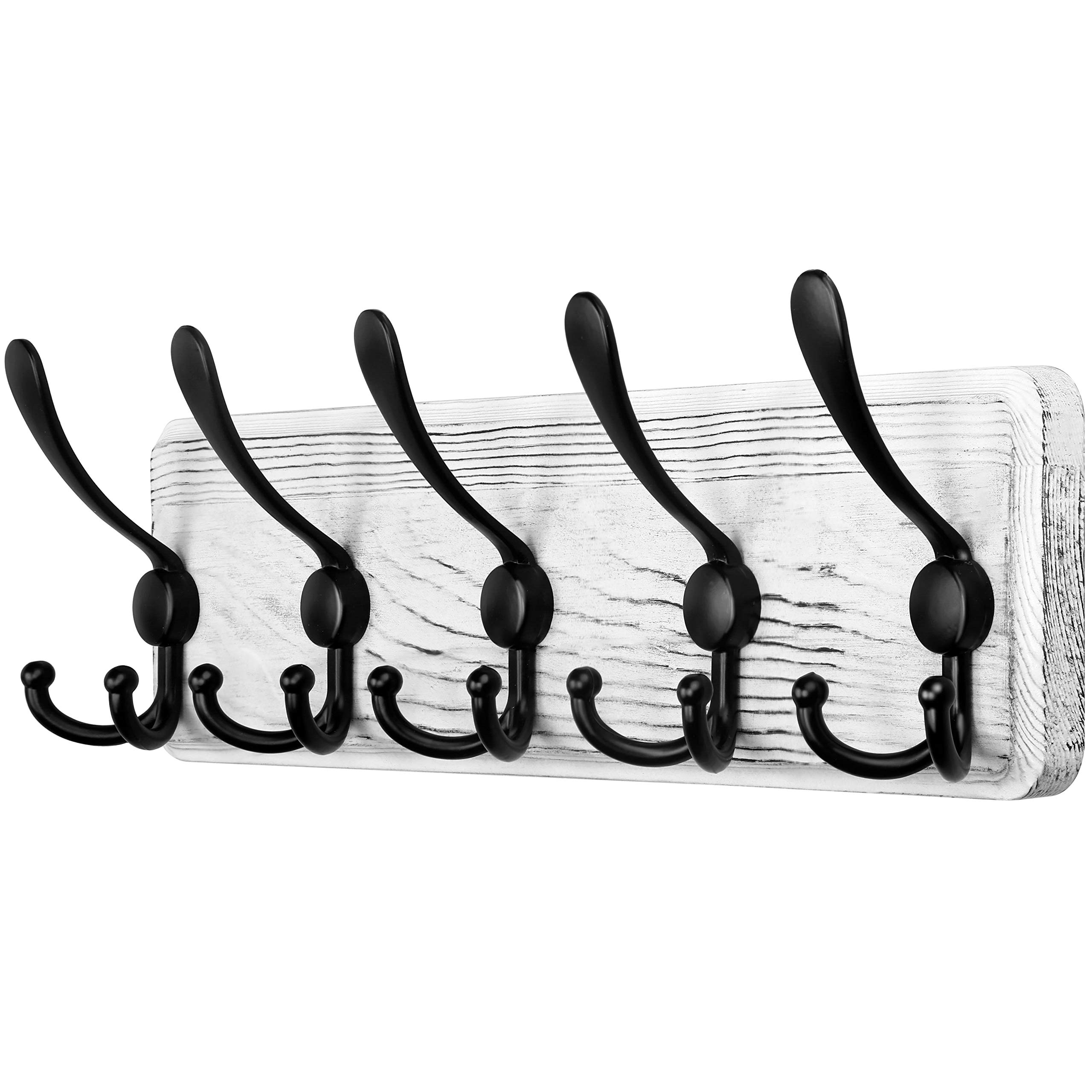 SKOLOO Coat Rack Wall Mounted - Wooden, Heavy Duty, Rustic Coat Hooks for Wall, Wall Coat Rack with 5 Triple Hooks for Hanging Clothes, Jacket, Hat(Weathered White)