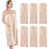 AUECOOME 6 Pcs Spa Robe Bath wrap Towels for Women Waffle Spa Wraps with Pocket Adjustable Closure Lightweight Towel Wraps for Bath Shower (Taupe, Medium)