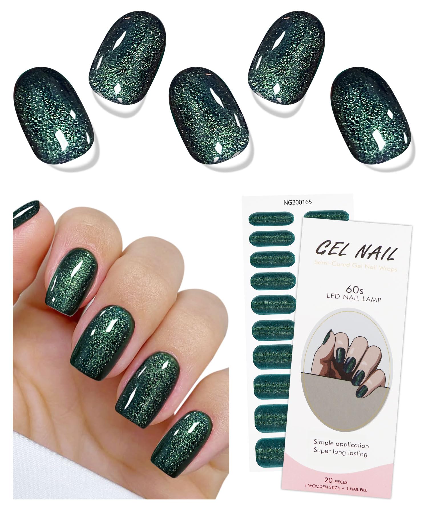 JMEOWIO Gel Nail Stickers Cat Eye Dark Green Christmas Semi Cured Gel Nail Strips Wraps UV/LED Nails Art Design Decoration Accessories