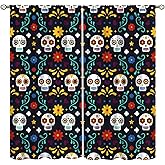 Focusbrite Colorful Sugar Skull Window Curtain, Abstract Gothic Skeleton Floral Halloween Mexican Day of The Dead Window Drapes for Living Room Bedroom Kitchen Set 2 Panels,42x45 Inches