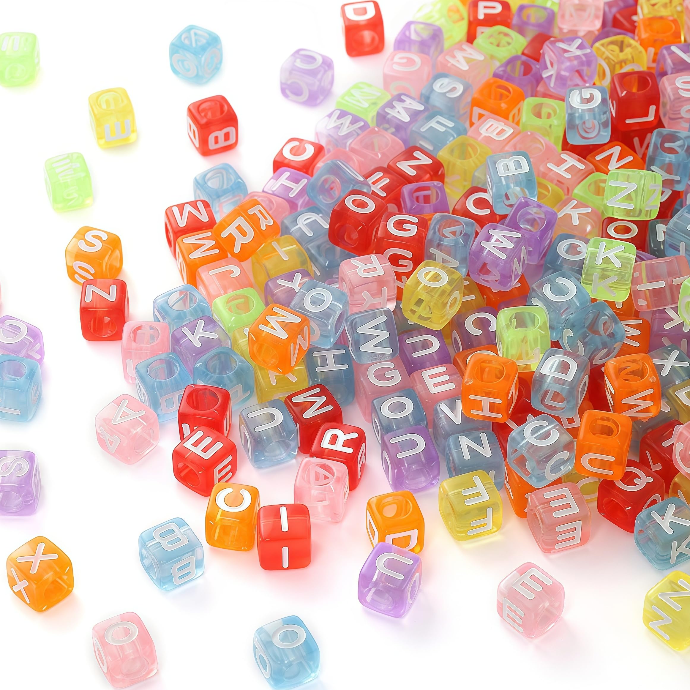 DAHI 1000pcs Cube Letter Beads Transparent 6mm Color Acrylic Square Letter Beads Craft A-Z Bead for Jewellery Crafts DIY Necklace Bracelet Decoration (White Transparent Colour /6 * 6mm)
