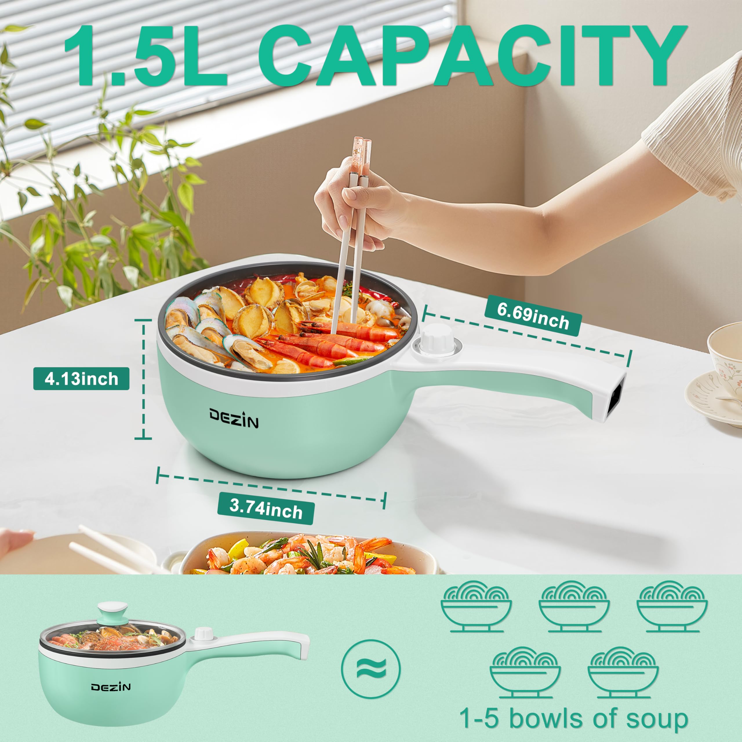 DEZIN Hot Pot Electric Upgraded, Non-Stick Sauté Pan, Rapid Noodles Electric Pot, 1.5L Mini Portable Hot Pot for Steak, Egg, Fried Rice, Ramen, Oatmeal, Soup with Power Adjustment