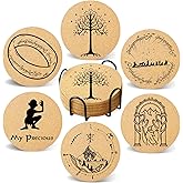 Cegkuc Coasters for Drinks with Holder Set of 6, Lord of The Rings Absorbent Cork Coaster for Cup Desk Office Table Kitchen Decor House Warming Gifts for New Home Couples, Round 4"