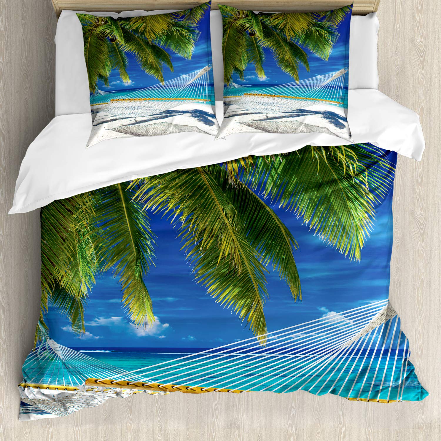 ABAKUHAUS Beach Duvet Cover Set, Hammock on the Sandy Beach Between Palm Coconut Overlooking Sea Nature Art, Bedding Set 3 Pieces with 2 Pillow Shams, 155 cm x 220 cm, Cream Navy Green — image 1
