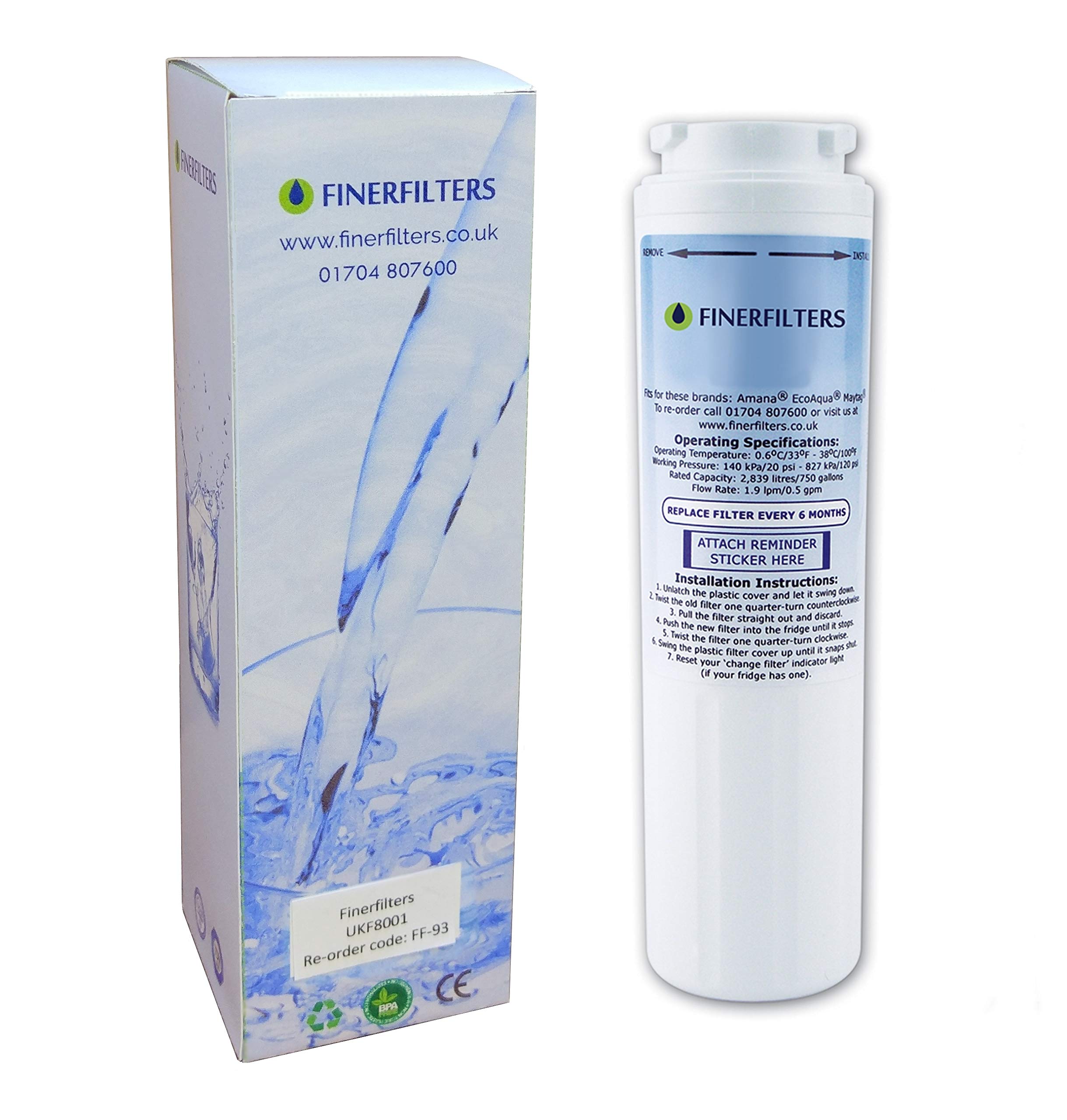 Finerfilters Water Filter, UKF8001, Activated Carbon, NSF Certified, Reduces Contaminants, Improves Taste, Amana, Maytag, UKF8001AXX, Puriclean II PUR, Admiral, Kenmore, 1 Piece