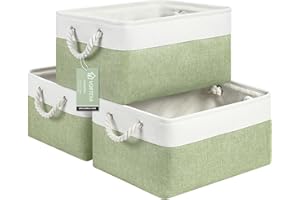 VQRTEXA Storage Baskets, 3-Pack 15.7x11.8x8.2 inch Fabric Storage Bins, Versatile Storage Baskets for Shelves with Handles (White&Green, 15.7X11.8X8.26)