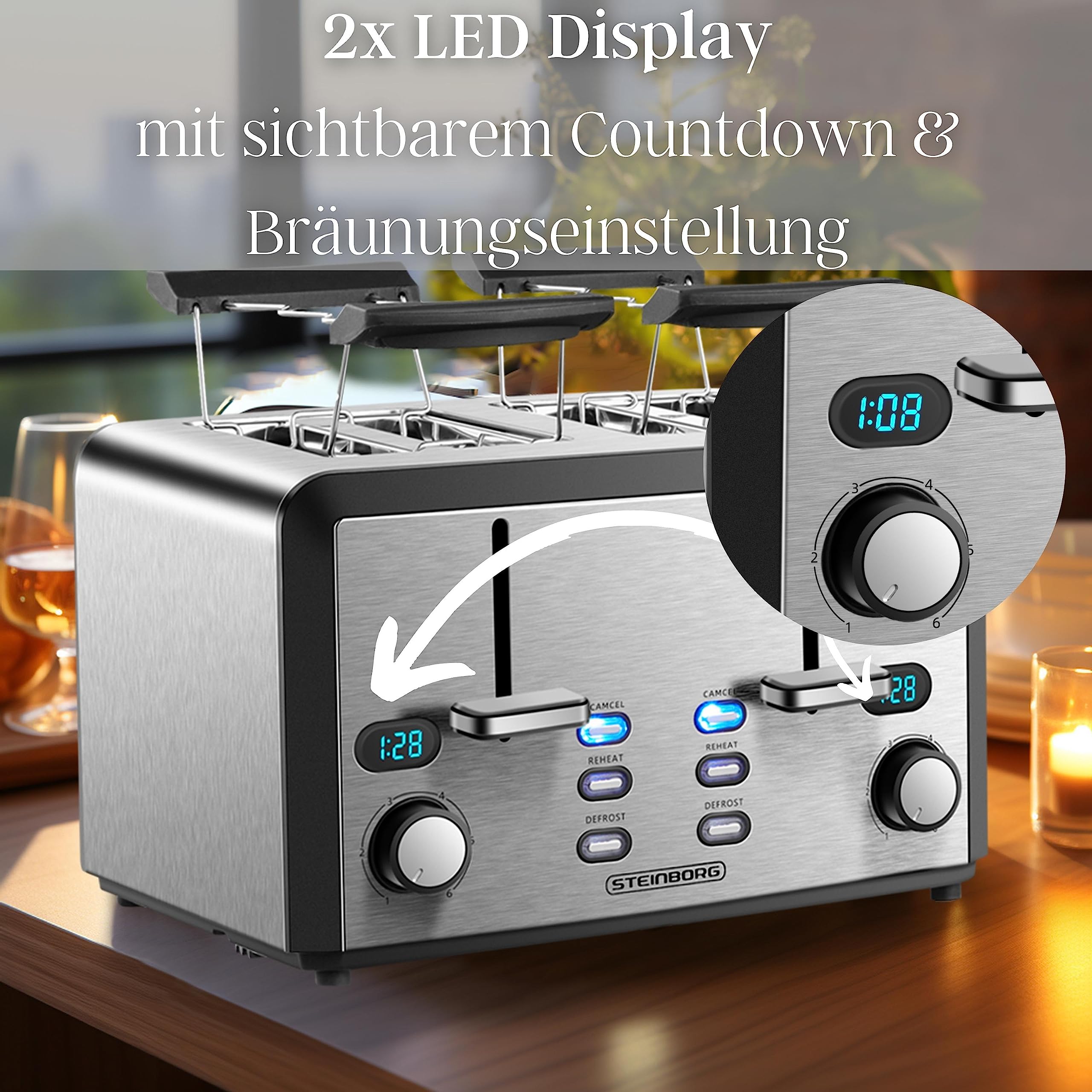 XXL Toaster 4 Toastschlitze | Toastautomat | 1600 Watt | 6-Stufen Bräuneregler | 2x Brötchenaufsatz | Auftau-Funktion | 2x Krümelschubladen | Edelstahl | 4-Fach | LED Displays 6