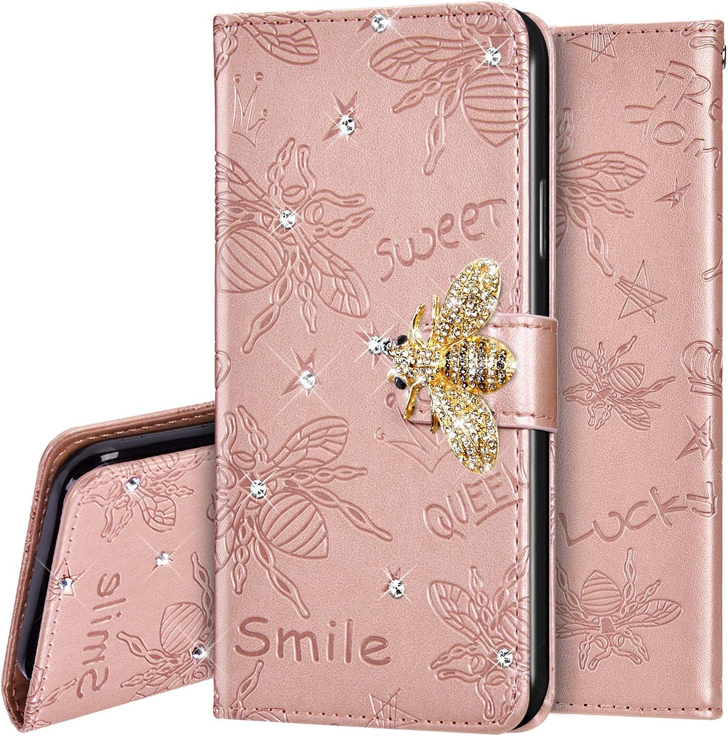 PHEZEN Case for iPhone 8 Plus/ 7 Plus Wallet Case,Emboss Bee 3D Bling Diamonds Glitter PU Leather Flip Wallet Strap Case Magnetic Kickstand Folio Flip Book Protective Cover with Card Slots,Rose Gold