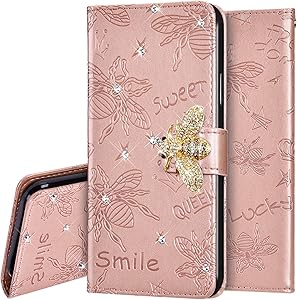 PHEZEN Case for iPhone 8 Plus/ 7 Plus Wallet Case,Emboss Bee 3D Bling Diamonds Glitter PU Leather Flip Wallet Strap Case Magnetic Kickstand Folio Flip Book Protective Cover with Card Slots,Rose Gold