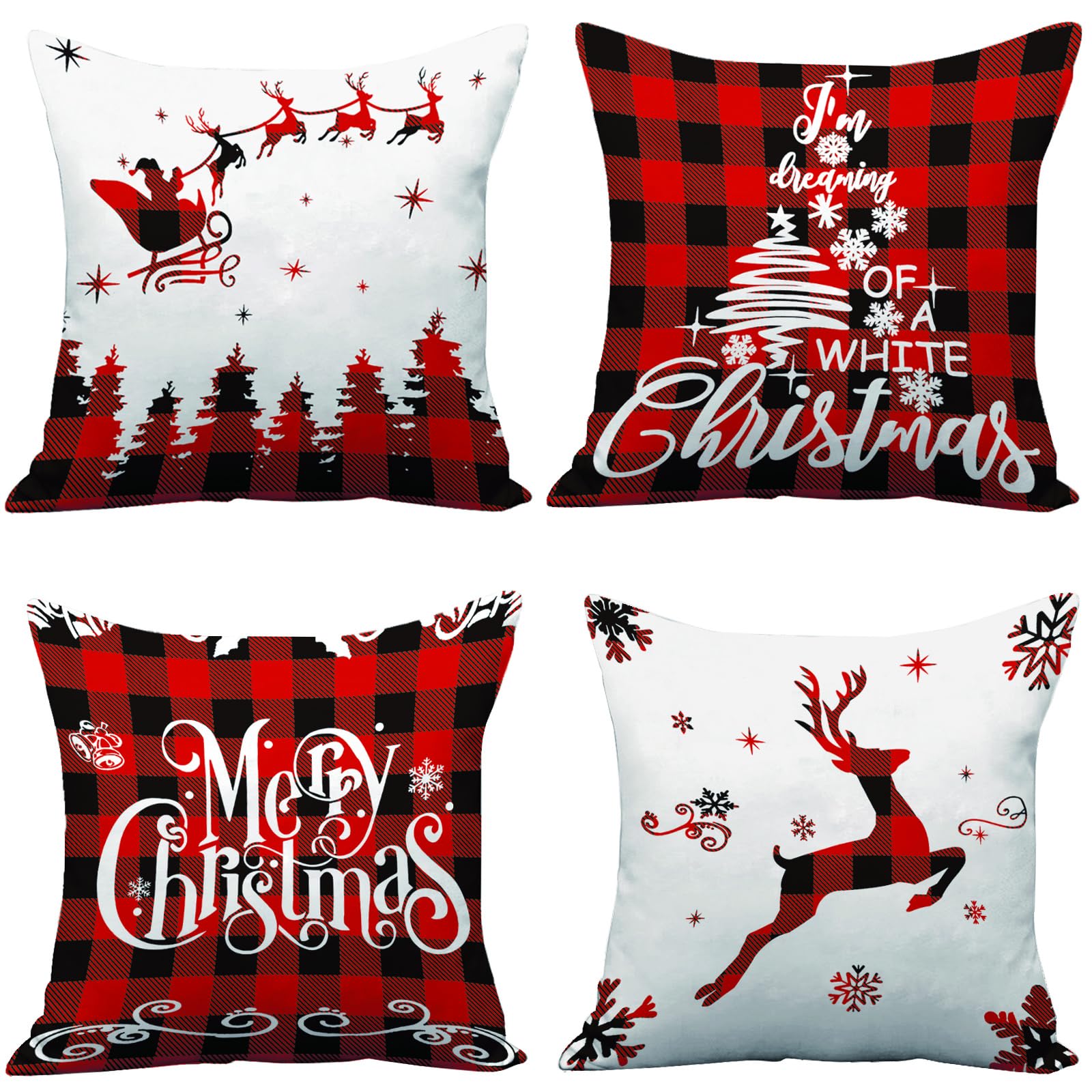 AMLOOPH Christmas Cushion Covers 40x40cm, Set Of 4 xmas decorations Red Black Strip Tartan Sofa Cushion Covers Soft Plush Square Christmas Throw Pillow Covers Cases For Xmas Decorations — image 1
