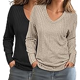 Ficerd 2 Pack Women's Long Sleeve Sweaters, Lightweight V Neck Tops Loose Pullover Sweaters Causal Tunictops 2025 Trendy