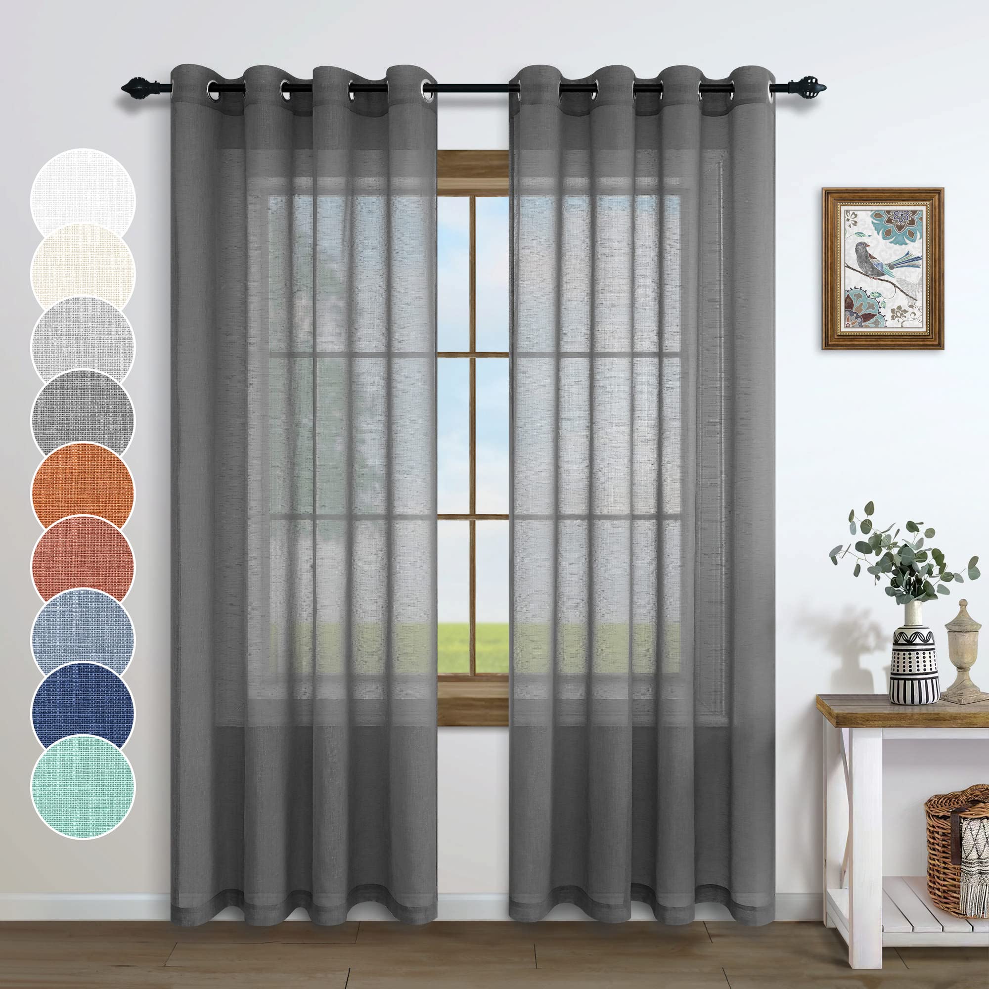 Dark Grey Sheer Curtains 96 Inches Long for Living Room Decor 2 Panels Grommet Faux Linen Semi Privacy Floor Length Masculine Curtains for Bedroom Dining Room Window Drapes 52x96 Length Charcoal Gray