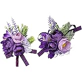 Yueton Purple Wrist Corsage and Boutonniere Set - Artificial Flowers for Wedding, Prom, Party - Bride and Groom Accessories