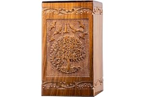 INTAJ Tree of Life Wooden Urn for Human Ashes, 20lbs Capacity, Suitable for Burial for Men, Women, Mom, Dad - Mini Rosewood Keepsake Cremation Urn for Ashes Handcrafted - Wooden Carved Box