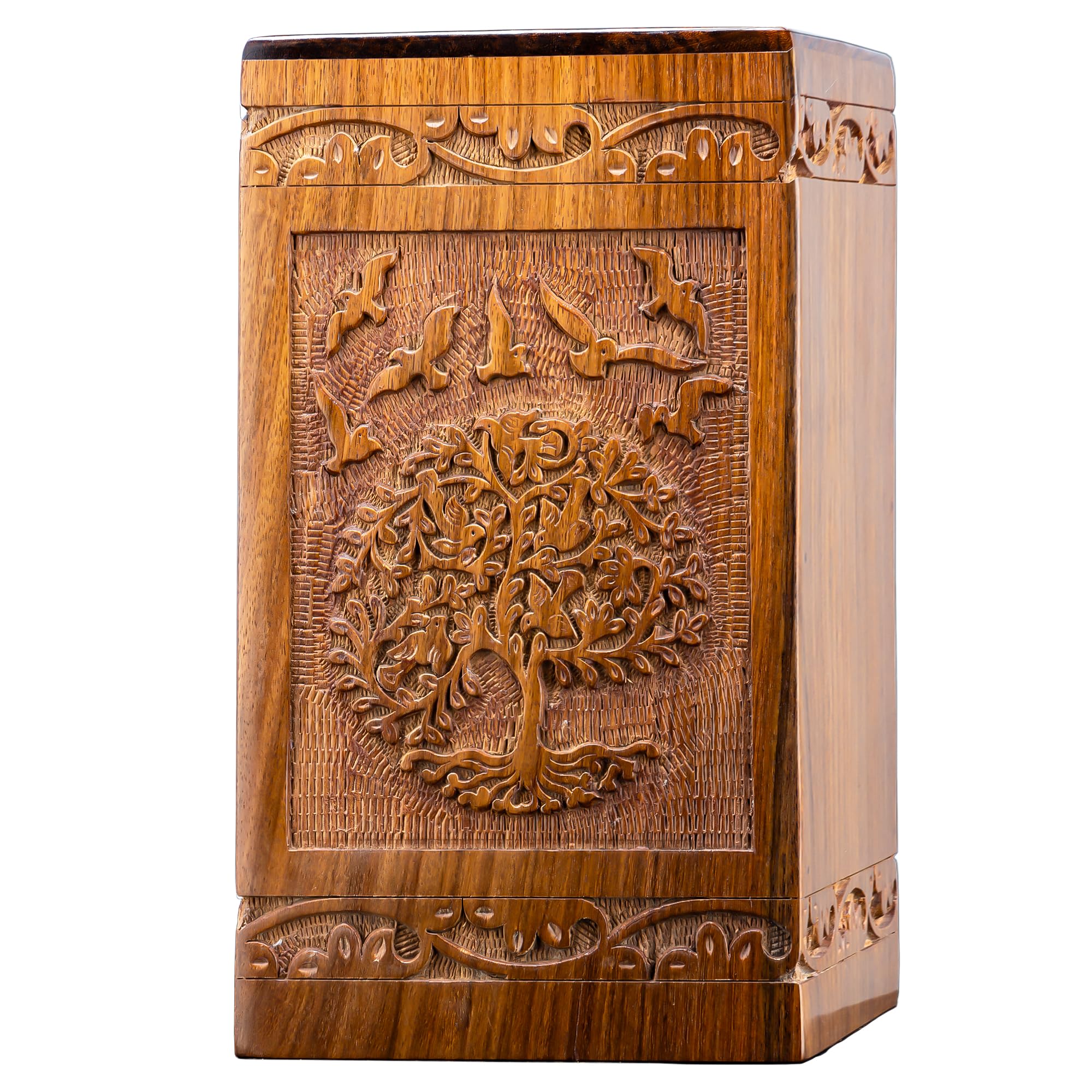 INTAJ Cremation Urns for Ashes – Companion Wooden Tree of Life Urn Box and Casket for Human Ashes of Men, Women, Child, or Pets (Cat/Dog) – Memorial Burial Funeral Urns – Holds 640 Cubic Inches Image