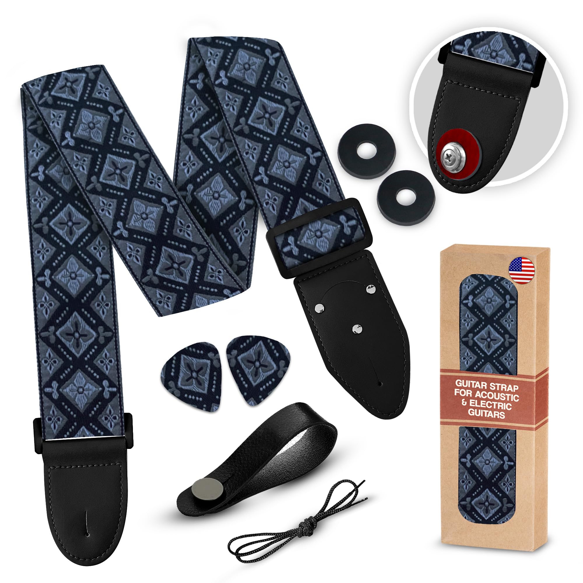 Guitar Strap Regal Black Vintage Woven W/FREE BONUS- 2 Picks + Strap Locks + Strap Button. For Bass, Electric & Acoustic Guitars. an Awesome Gift for Men & Women Guitarists