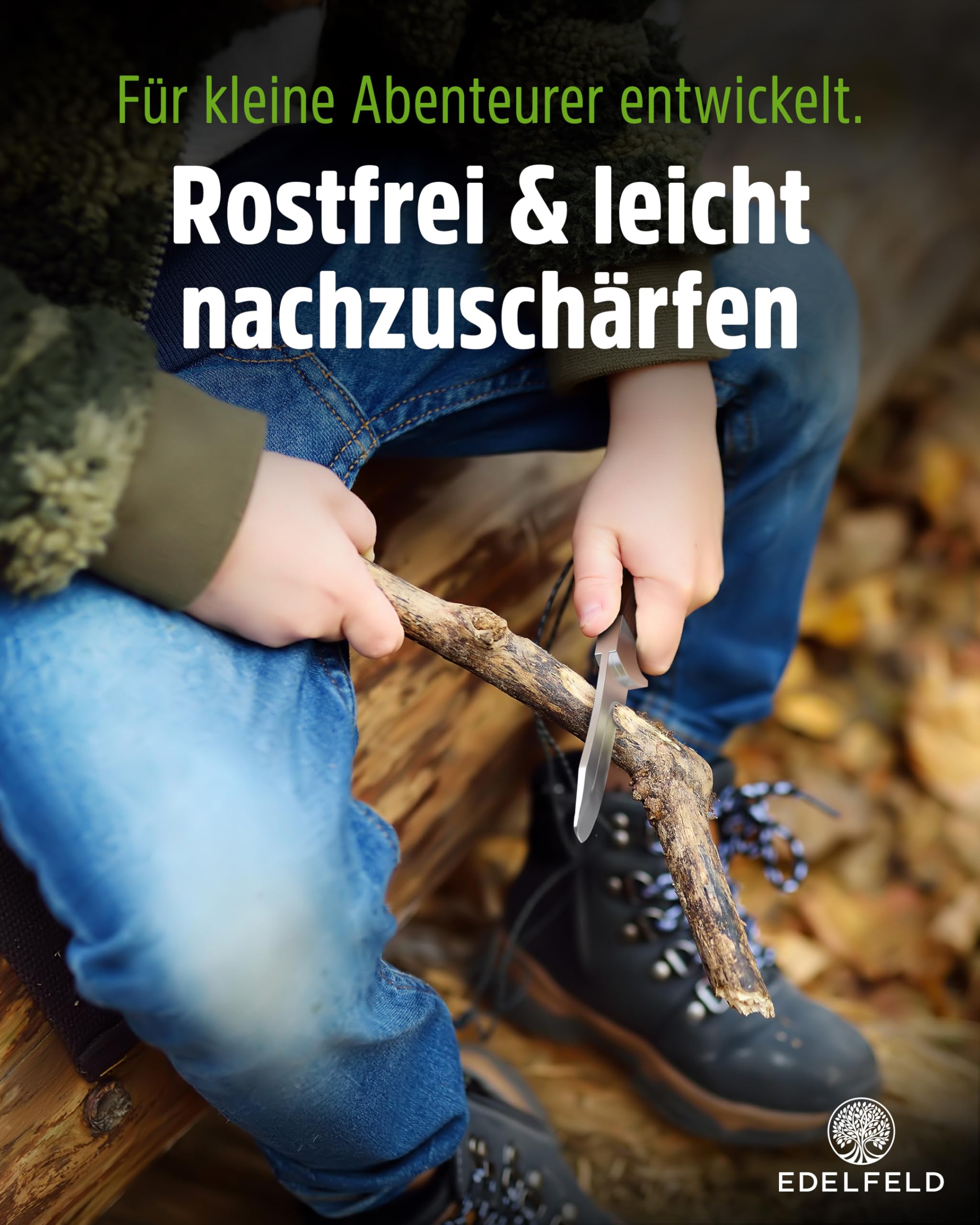 EDELFELD - Das Original - Schnitzmesser Kinder ab 6 Jahre - Sicheres Taschenmesser Kinder mit Fingerschutz - Schnitzmesser für Links- & Rechtshänder - Kinderschnitzmesser inkl. Scheide & Schnitzbuch 7