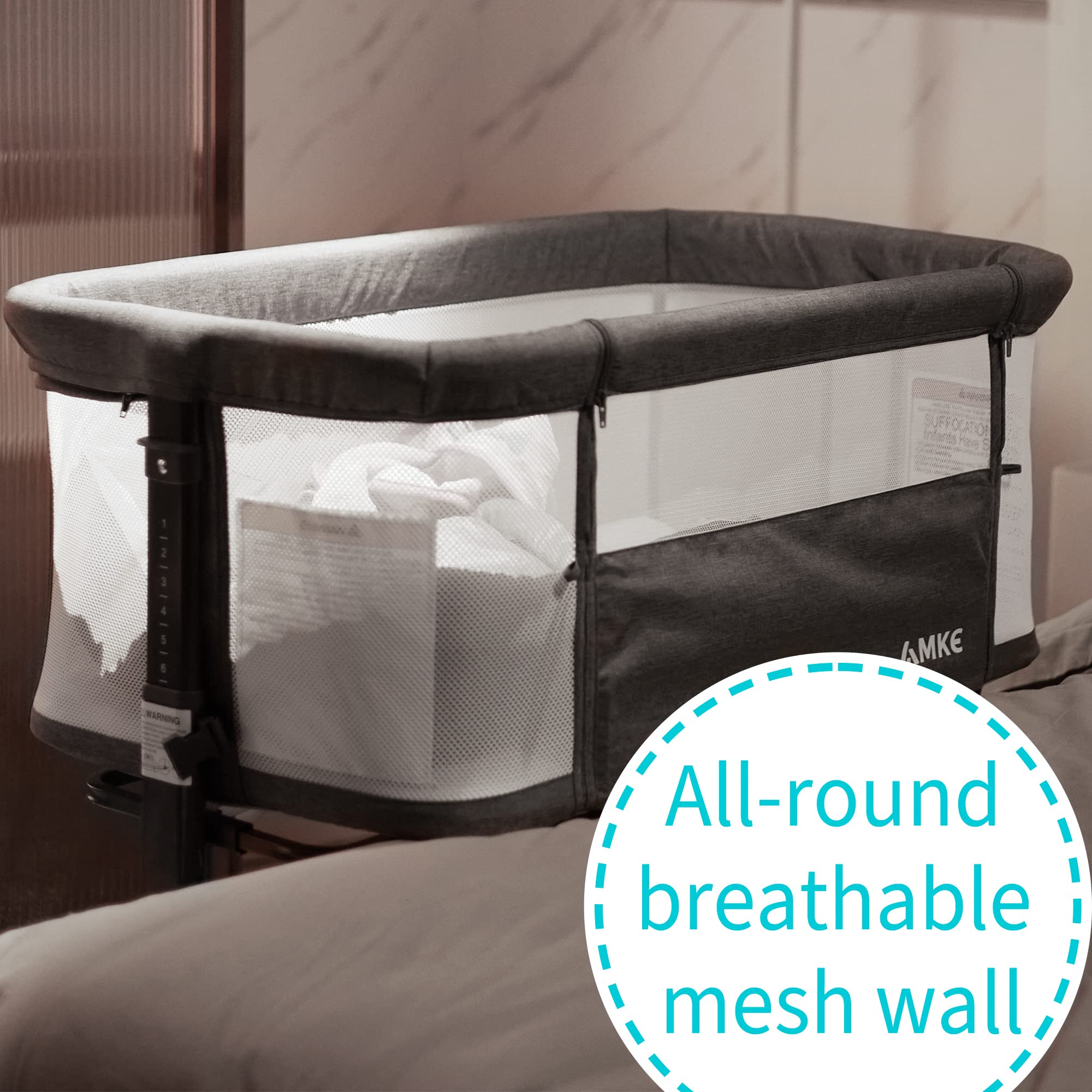 AMKE Baby Bassinets,All mesh Crib Portable for Safe Co-Sleeping,Adjustable Bedside Sleeper,Baby Bed for Infant Newborn