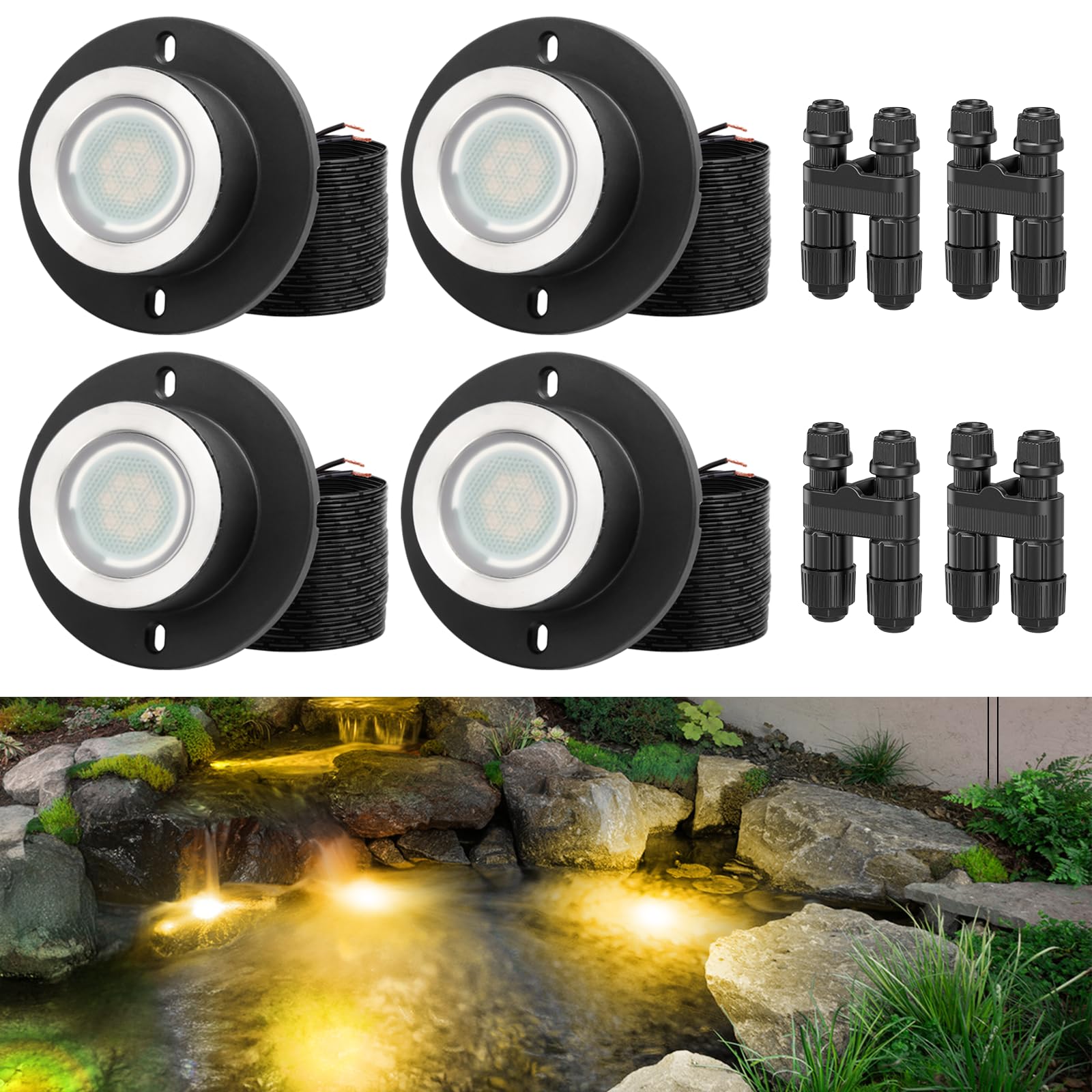 Photo 1 of HIBOITEC Pond Lights 3W LED IP68 Waterproof Underwater Lights with UL Cord Warm White 2700K Low Voltage Landscape Lighting for Fountain Pool Compatible 12-24V AC/DC 4Pack
