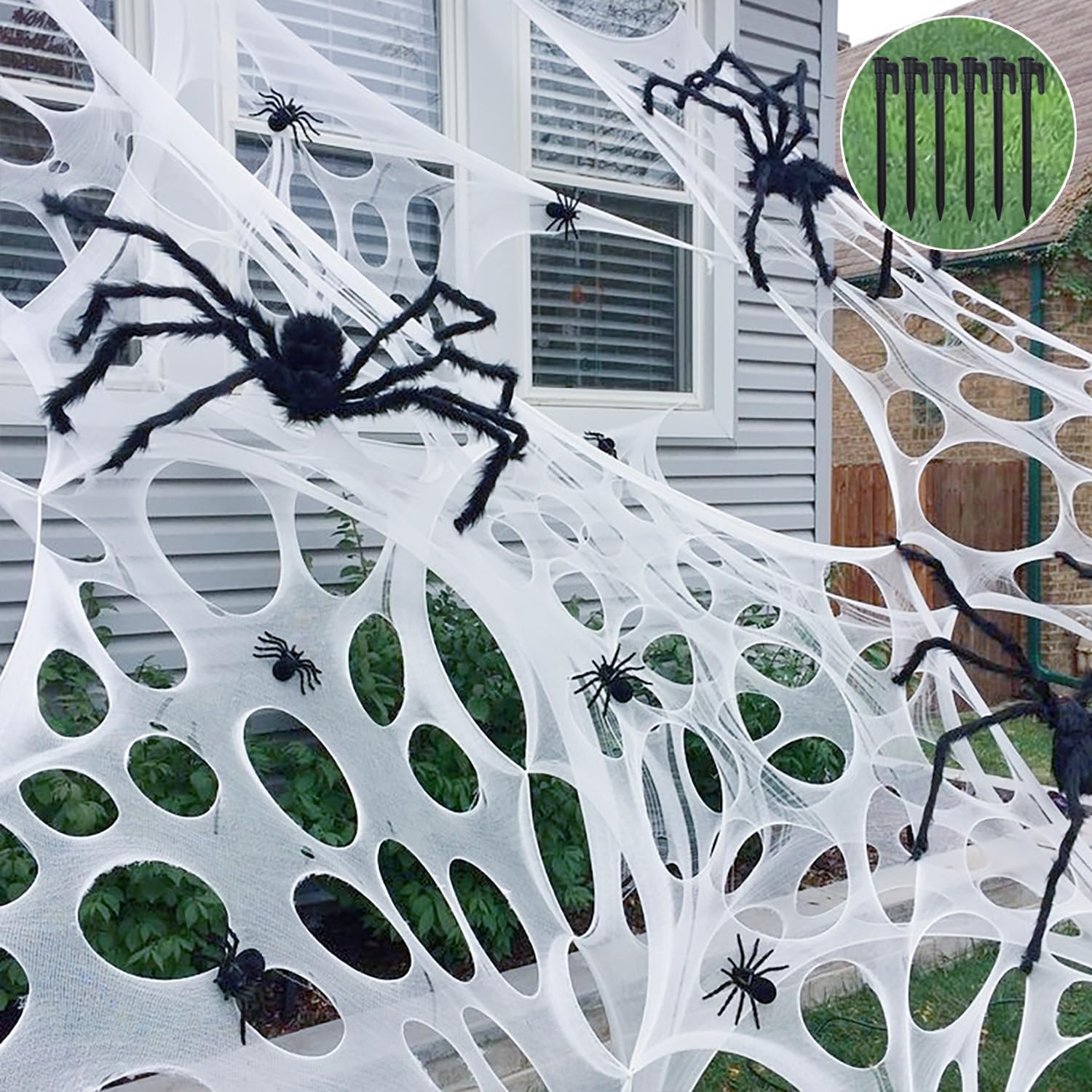 Photo 1 of Giant Beef Netting Spider Web Halloween Decorations, Pre-Cut Spiderwebs Super Stretchy DIY Spider Webbing with Stakes, Gauze Cobwebs for Haunted House Yard Garden Halloween Party Outdoor Decor