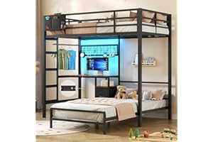 DICTAC Bunk Bed with Desk,Led Lights and Charging Station Metal L-Shaped Twin Over Twin Bunk Beds with Storage Drawers and Shelves, Loft Bed with Safety Guardrail and Ladder for Kids and Teen,Black