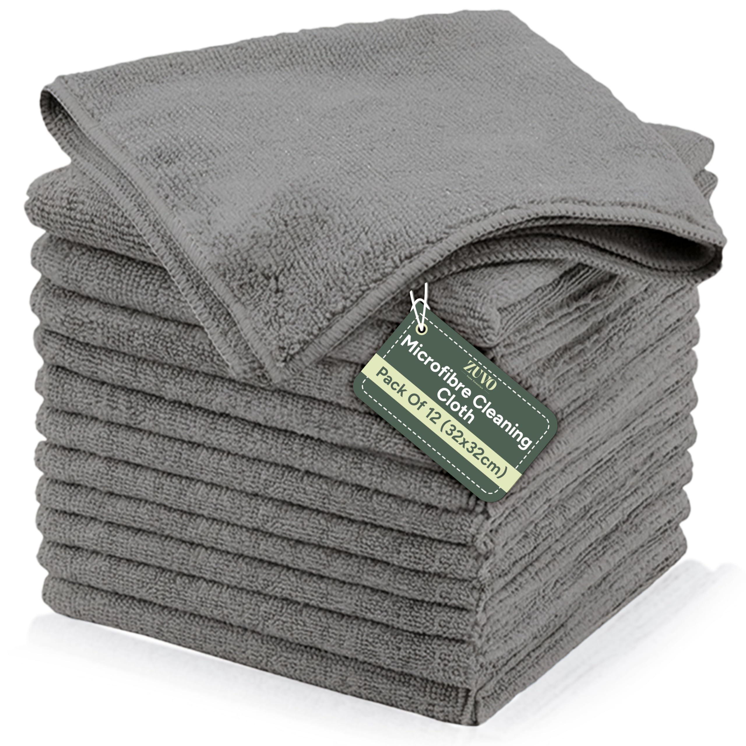 Zuvo Microfibre Cleaning Cloth 12 Pack — Lint-Free, Streak-Free Cloths for Glass, Screens & Surfaces | 32×32 cm, Grey