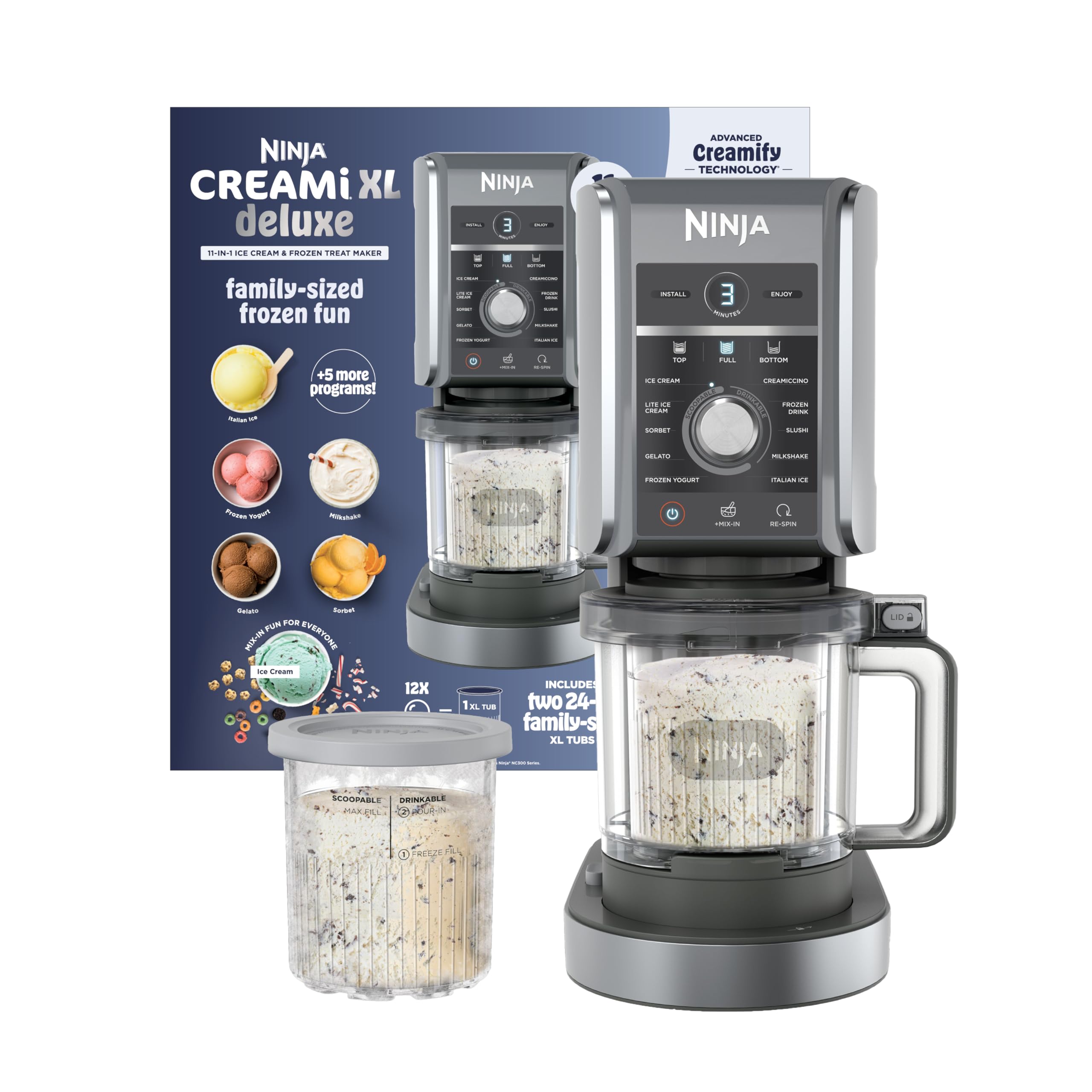 Máquina para hacer helados Ninja CREAMi Deluxe | 11 en 1 Crea postres congelados, sorbetes, batidos, yogur y más | Incluye 2 aptos para lavavajillas XL 24 Oz. Tinas con tapa de almacenamiento | Plata | NC501