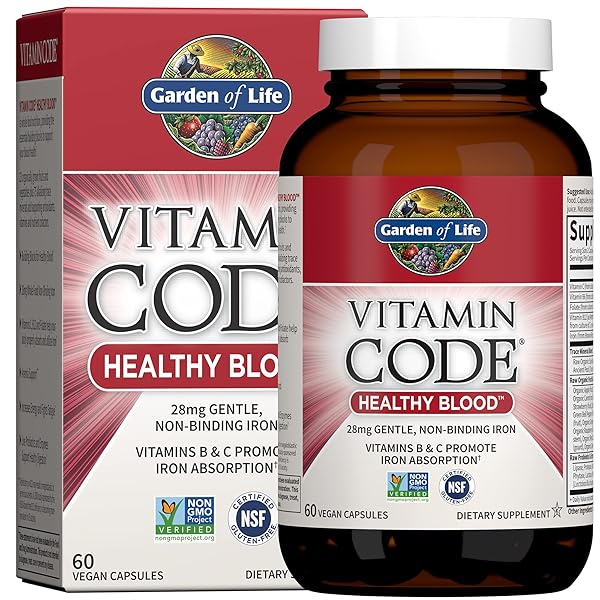 GARDEN OF LIFE VITAMIN CODE HEALTHY BLOOD – IRON SUPPLEMENT FOR WOMEN, 60 VEGAN CAPSULES, WITH VITAMINS B, C, TRACE MINERALS, FRUIT VEGGIES, PROBIOTICS – FOR ENERGY AND ANEMIA SUPPORT