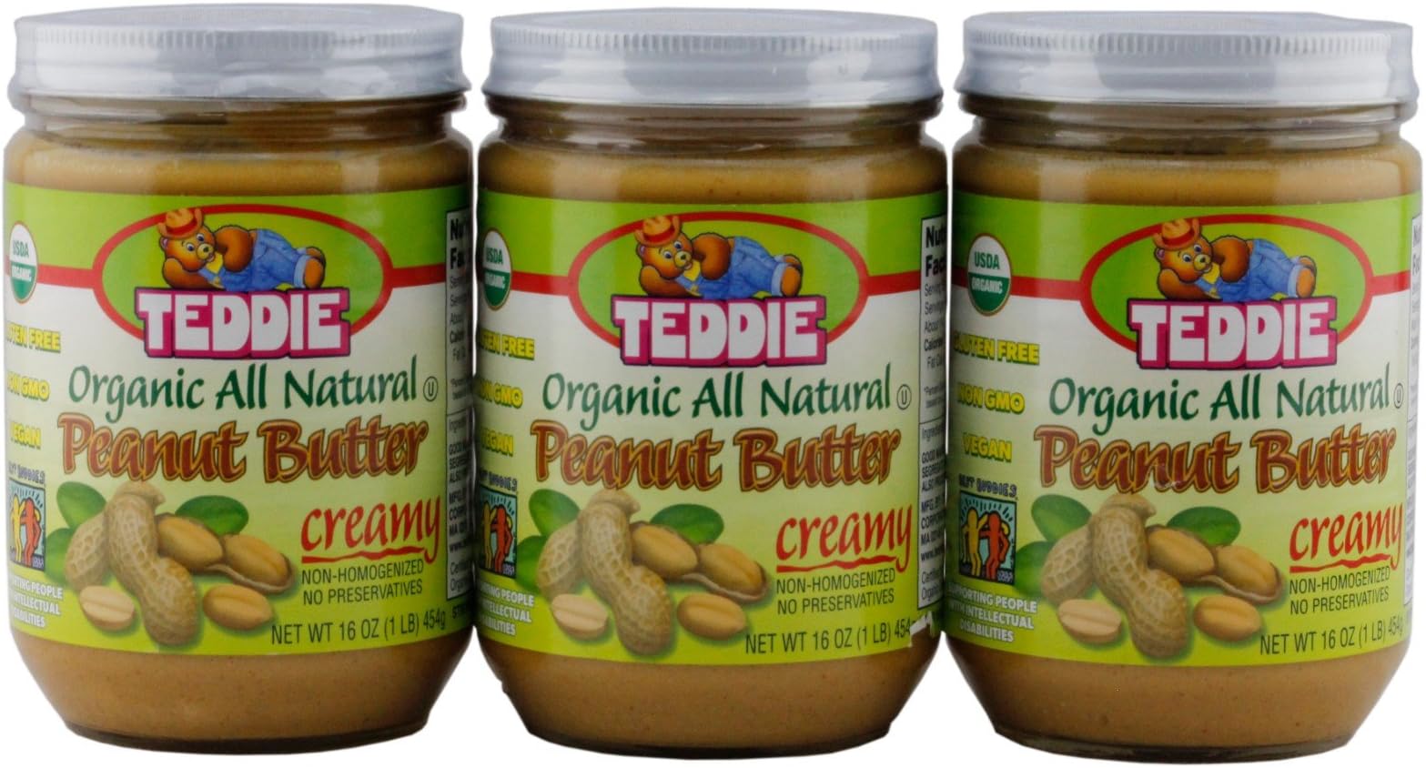 Teddie Organic All Natural Peanut Butter, Creamy 16 Ounce Jar (Pack of 3)