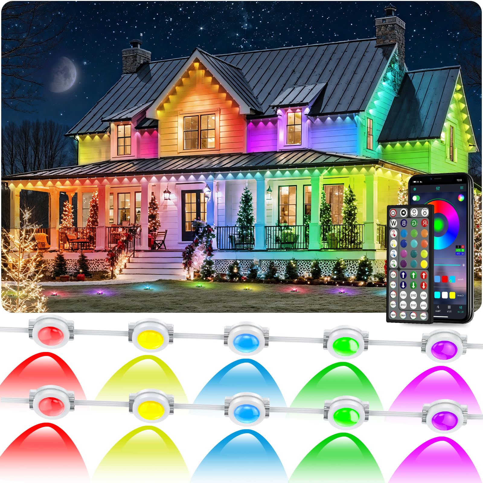 Photo 1 of CETELUMA 500FT Permanent Outdoor RGB Lights, IP67 Waterproof Smart Eave Lighting, with App/Remote Control Eaves Light, DIY LED Scenes Modes for House Roof Decor,Christmas,Party