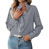 Womens Plaid Ruffle V Neck Button Down Shirt Long Sleeve Gingham Trendy Blouse Business Workwear Checkered Tops
