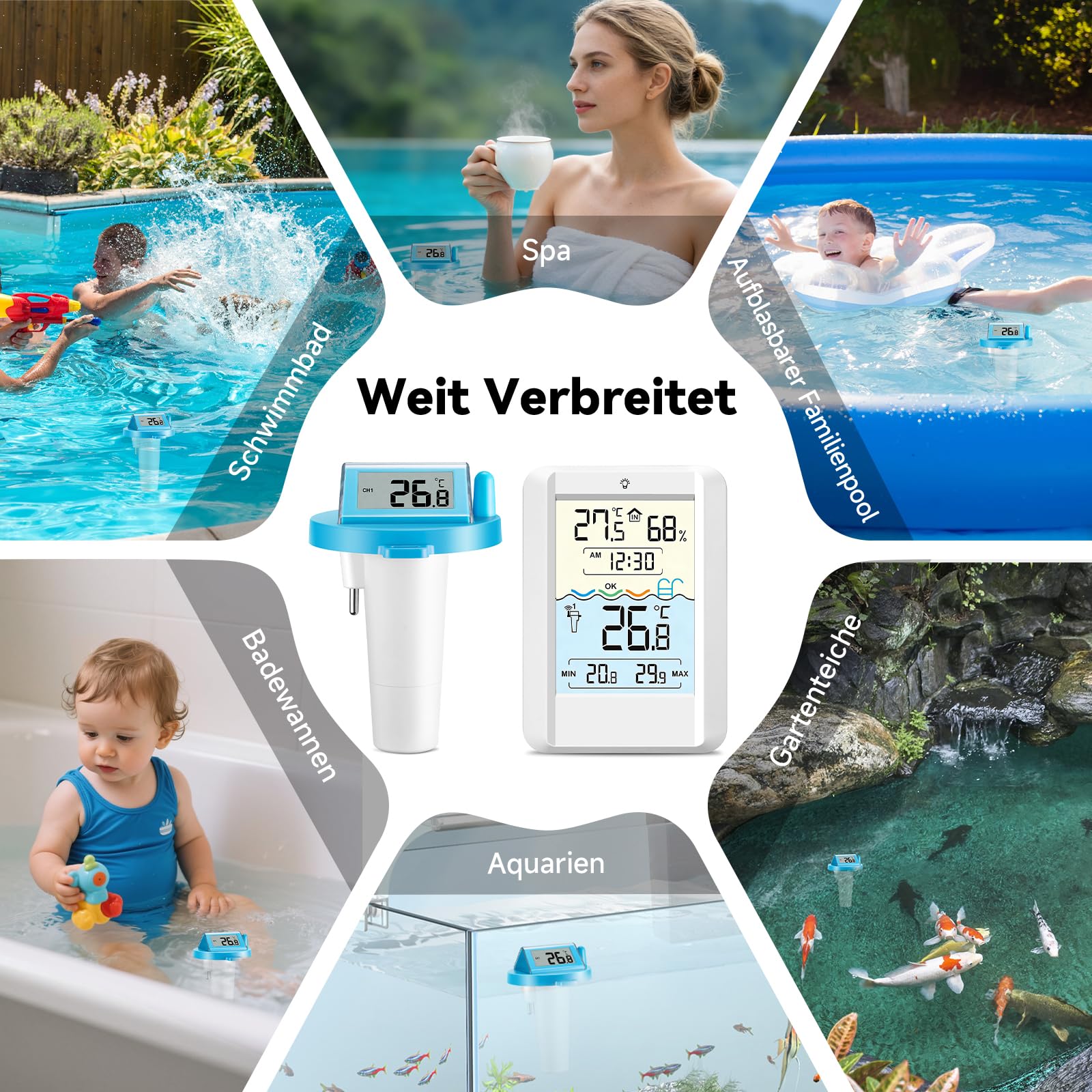 Warmfay Poolthermometer Funk Digital, Solar & Akku Betrieb, IP68 Wasserdicht Funkthermometer Schwimmend mit Empfänger bis 70 m Reichweite, Funk Pool Thermometer für Schwimmbad, Badewanne, Teich Spa 8