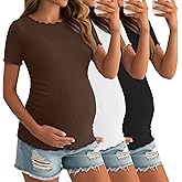 Sweetyweee 3 Pack Women's Maternity Shirt Short Sleeve Cotton T-Shirts Boat Neck Ribbed Tops Side Ruched Pregnancy Clothes