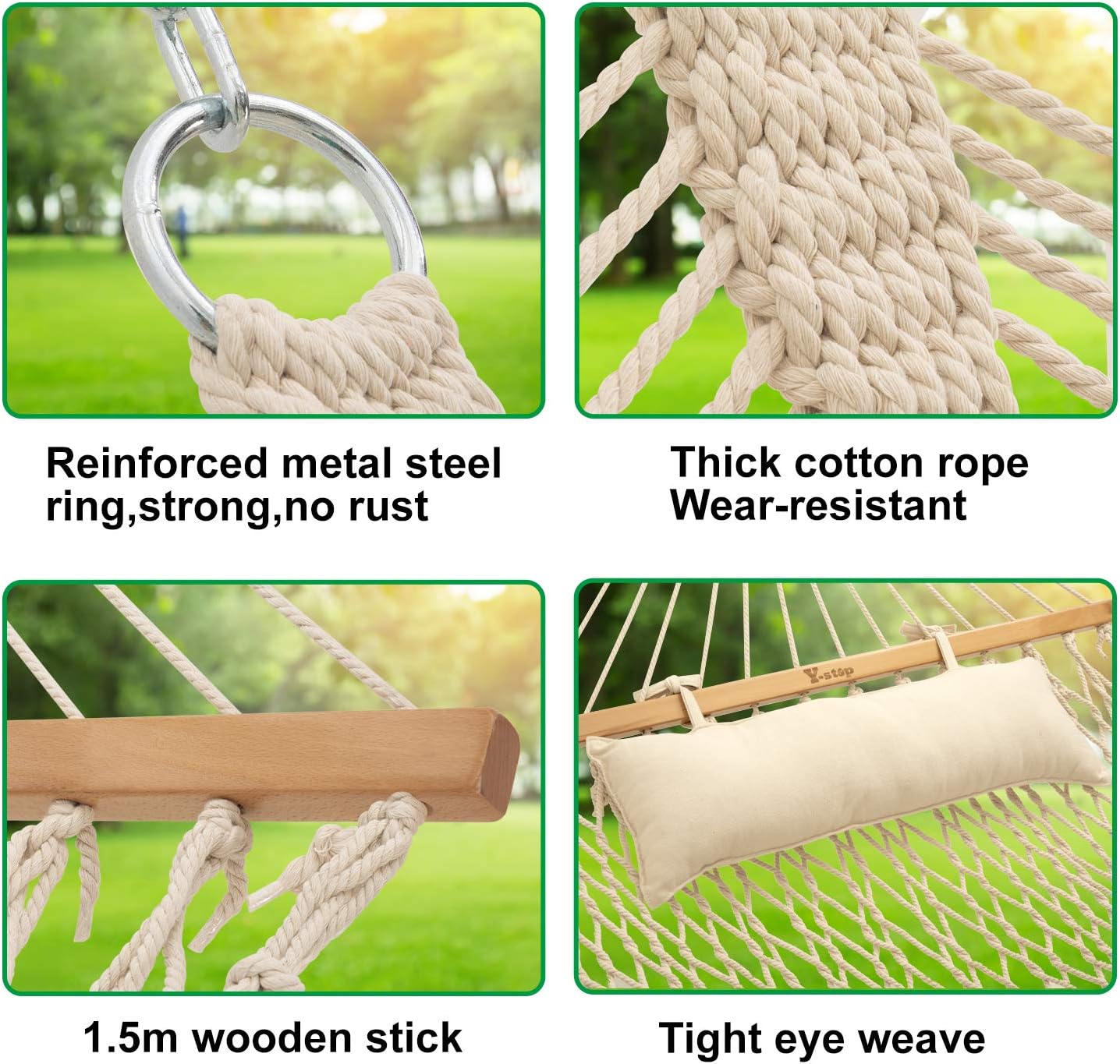Y- STOP 13.2FT Hammocks,Traditional Cotton Rope Hammock with Chains and Hooks for Outdoor,Indoor,Patio Yard,Double Solid Wood,for Two Person,Max 440 Lbs(Natural): Kitchen & Dining