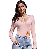 TAIPOVE Thermal Long Sleeve Women Fleece Lined Slim Fit Undershirts Cotton Lace V Neck Lightweight Base Layer Casual Top