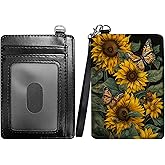RWUTYTIUL Sunflowers Slim Minimalist Wallet with Lanyard Strap, PU Leather Front Pocket Wallet RFID Blocking Credit Card Holder Card Cases with ID Window for Man Woman Boy Girl