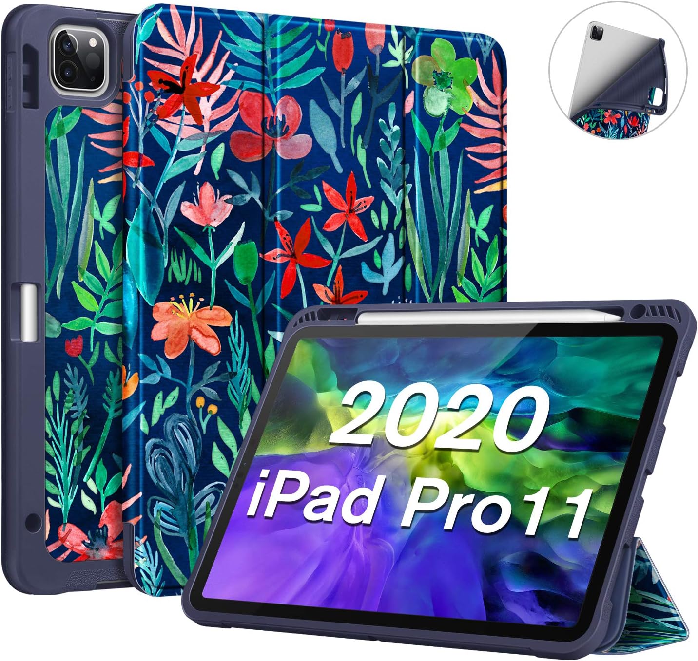 CaseBot SlimShell Case with Pencil Holder for iPad Pro 11 Inch 2nd & 1st Generation 2020/2018 - [Supports 2nd Gen Pencil Charging] Soft TPU Smart Stand Back Cover with Auto Wake/Sleep, Jungle Night