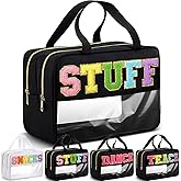 Pinkunn Black Makeup Bag Large Clear Chenille Letter Stuff Bags Double Zipper Layer Waterproof Nylon Cosmetic Bag with Wet Dry Separation Travel Toiletry Organizer Pouch for Women Girls