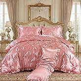 Bedbay Pink Satin Comforter Set Queen Pinch Pleat Bedding Set Silk Like Satin Ruffled Duvet Set 4 Pcs with Ruffle Satin Body Pillow Cover Aesthetic Room Decor Luxury Bedding for All Season