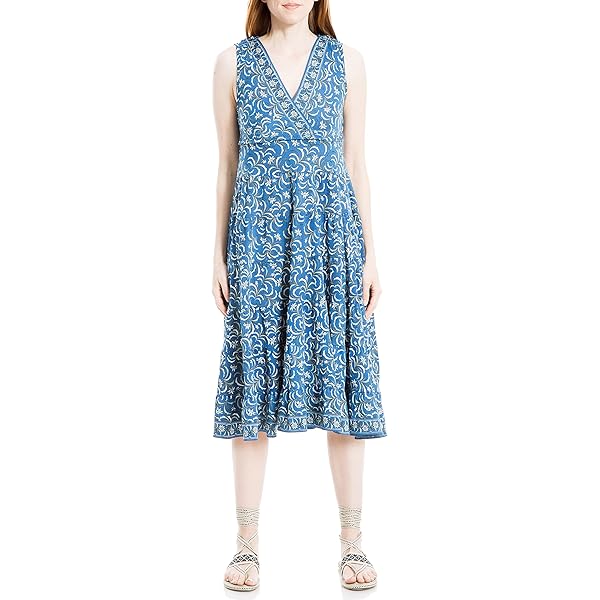 Max Studio Women's Sleeveless Tiered Midi Dress, Blue/Ivory Shadow Pansy,  Large at Amazon Women's Clothing store