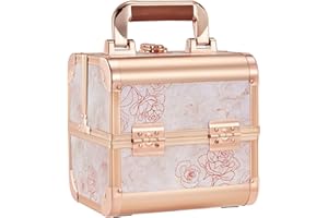 Costravio Makeup Box Cosmetic Train Case with Mirror Travel Organizer Cosmetic Jewelry Storage Box with 2-Tier Tackle Trays Portable Lockable Makeup Organizer Box - Marble Rose Gold Style