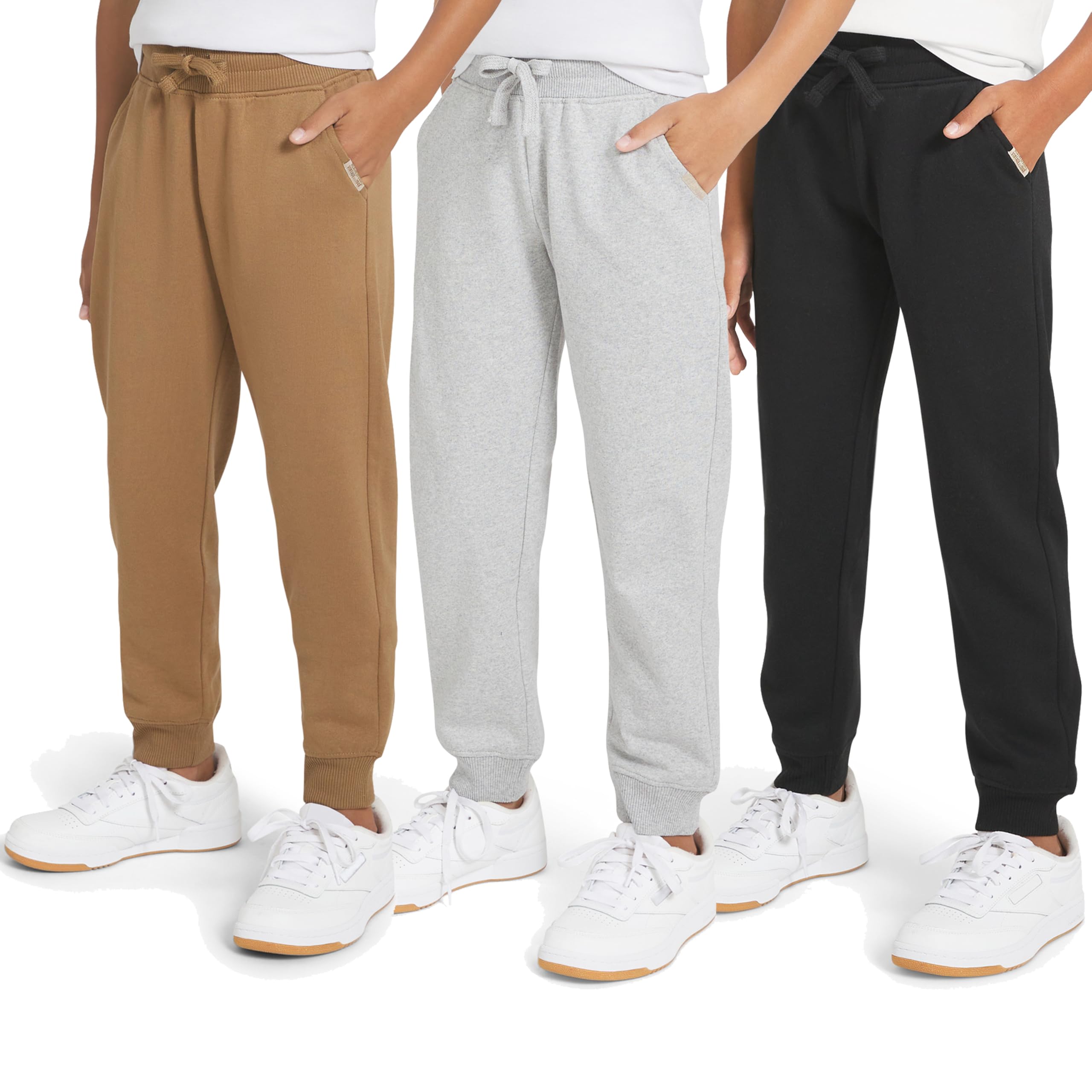 Weatherproof Vintage Boys’ 3 Pack Variety Midweight Super Soft Fleece Lined Stretchable Jogger Pants, Tan Grey Black Set, Medium