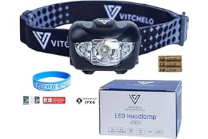 Vitchelo LED Headlamp Camping Light, Super Bright Waterproof Adjustable Head Light for Forehead, 6 Light Modes, 3 AAA Batteries Included, Red & White Flashlight for Camping Running Jogging Hiking