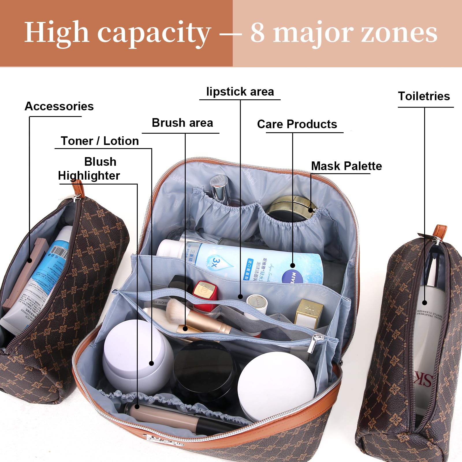 BOYATU Travel Makeup Bag Cosmetic Bags for Women: 3 Pcs Set Large Portable Make up Bag with Handle - Vegan Leather Toiletry Bags with Compartments - Makeup Organizer for Travel Essentials(A-1-Coffee)