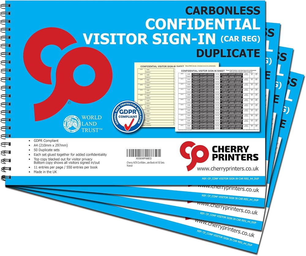 Cherry Printers Confidential Visitor Sign in Book with Car Reg 4 Pack A4 NCR